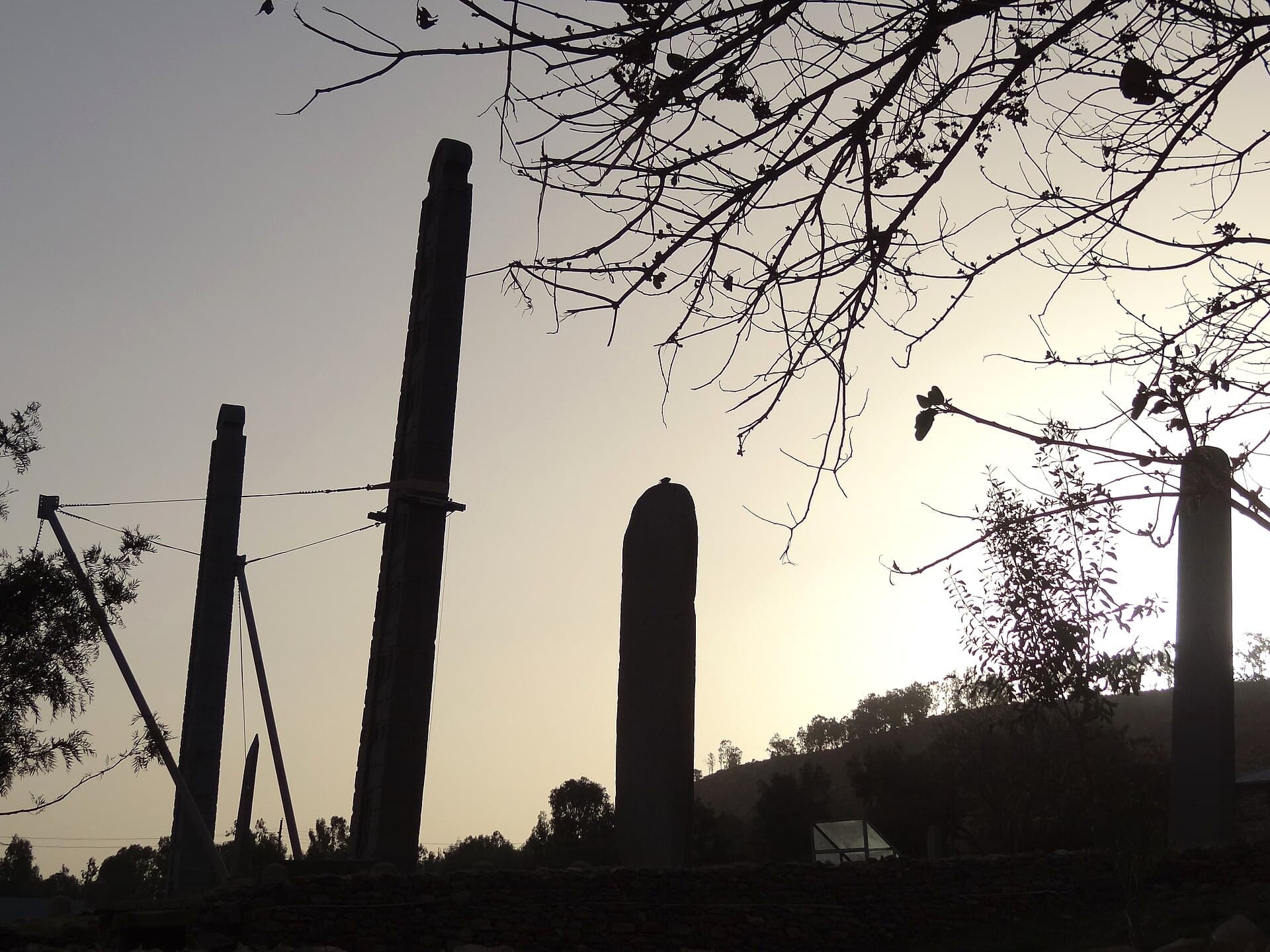 Granite stelae of the Main Stelae Field at sunset, Axum